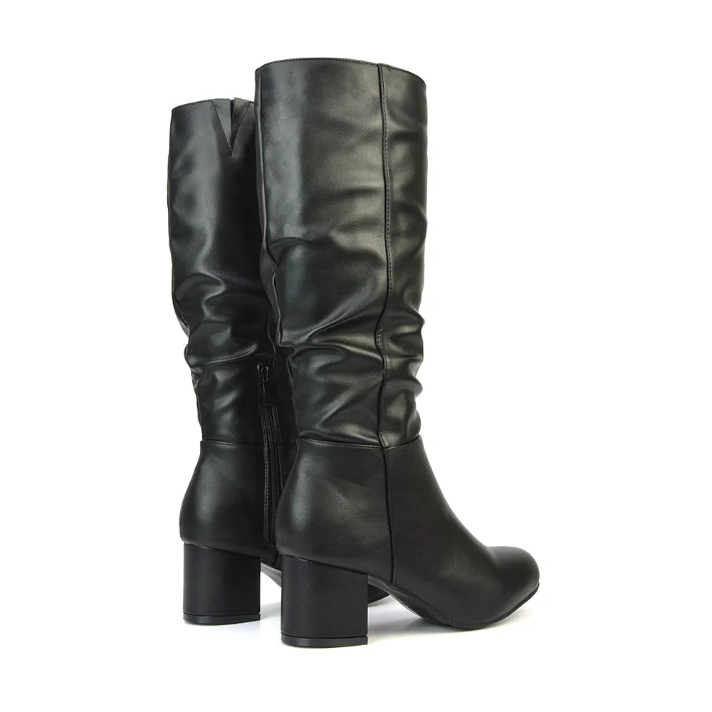 Jackie Ruched Mid Block High Heel Mid Calf High Boots in Black Synthetic Leather