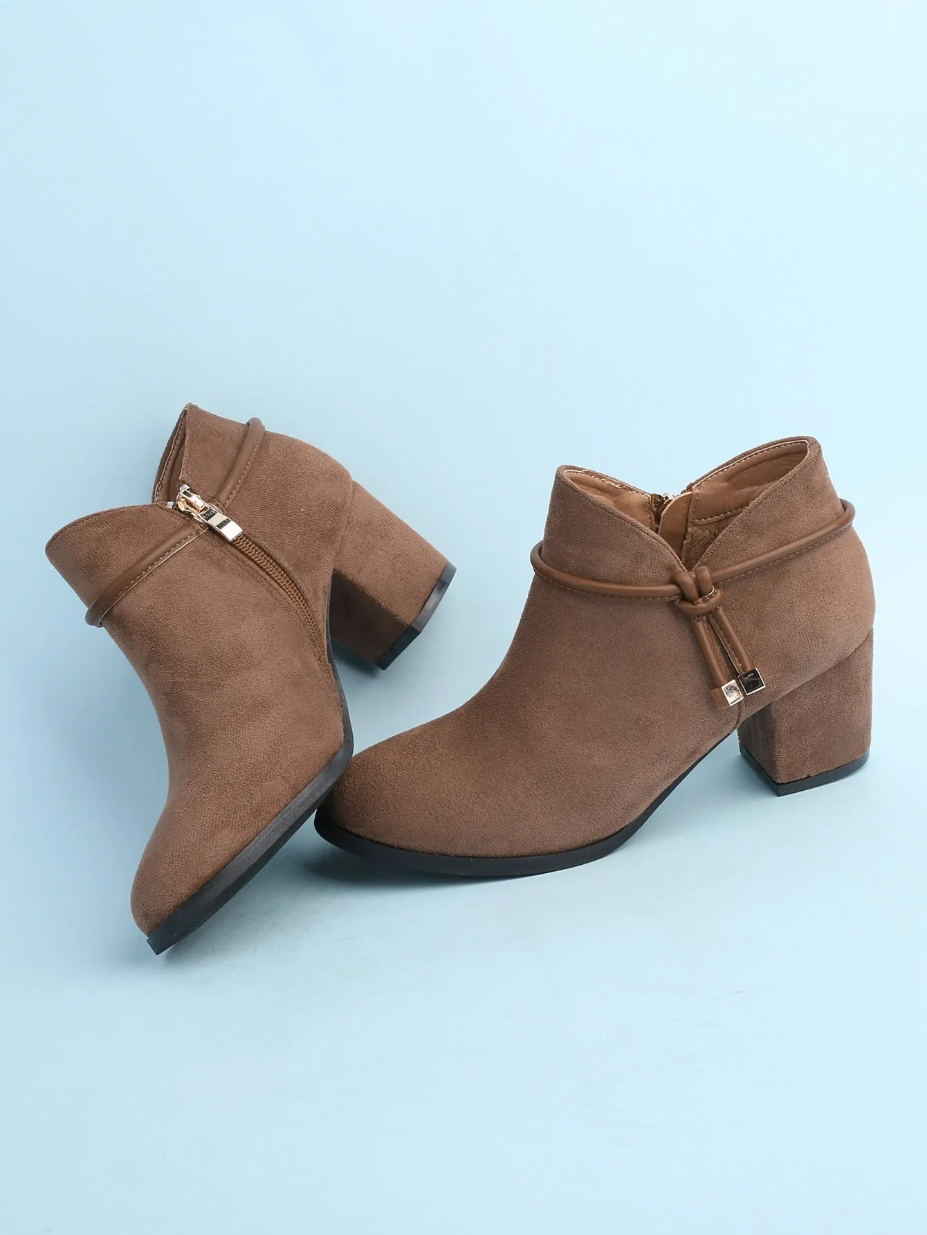 Knot Detail Side Zip Chunky Heeled Booties