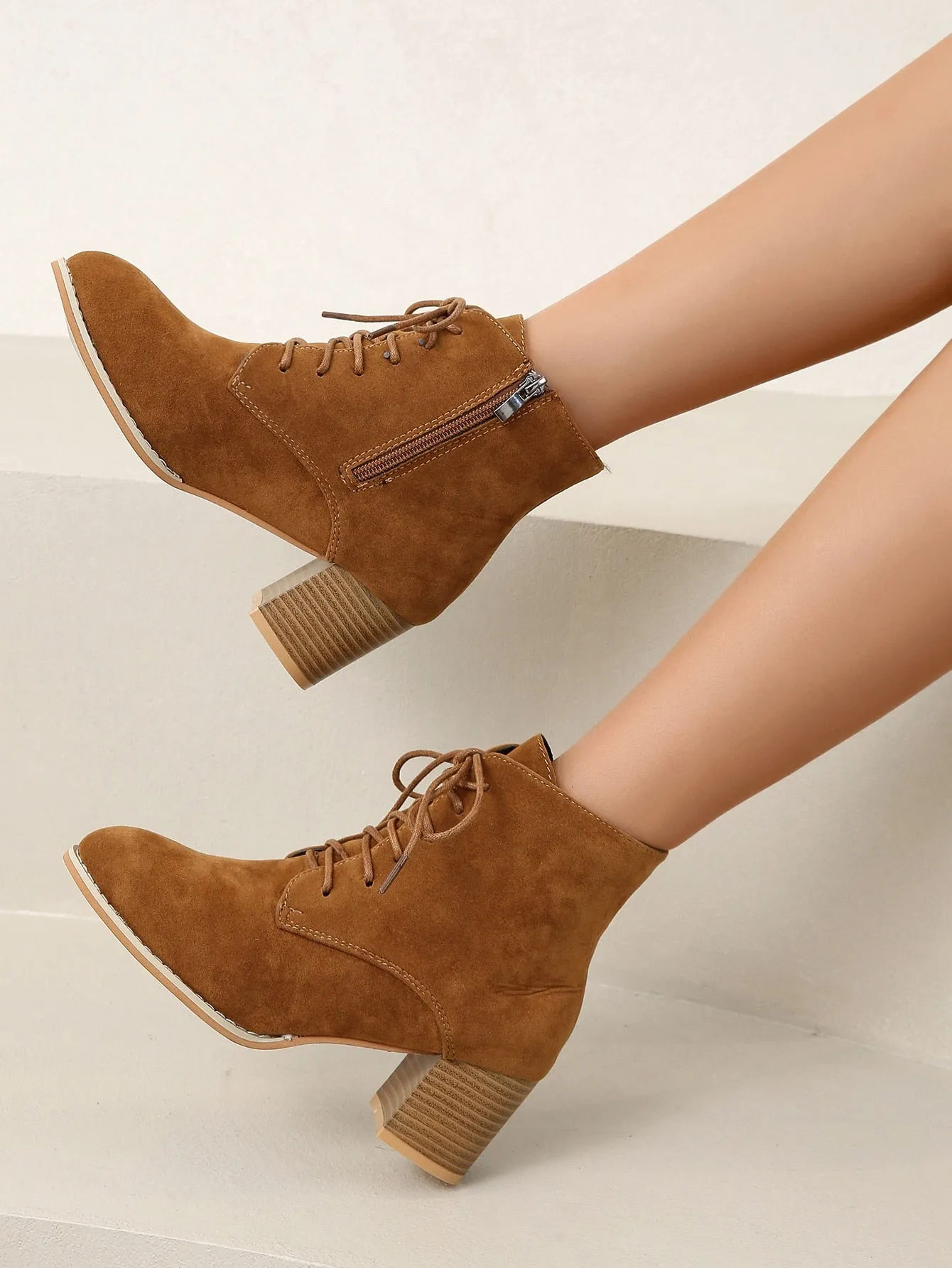 Lace-up Front Side Zipper Chunky Heeled Boots