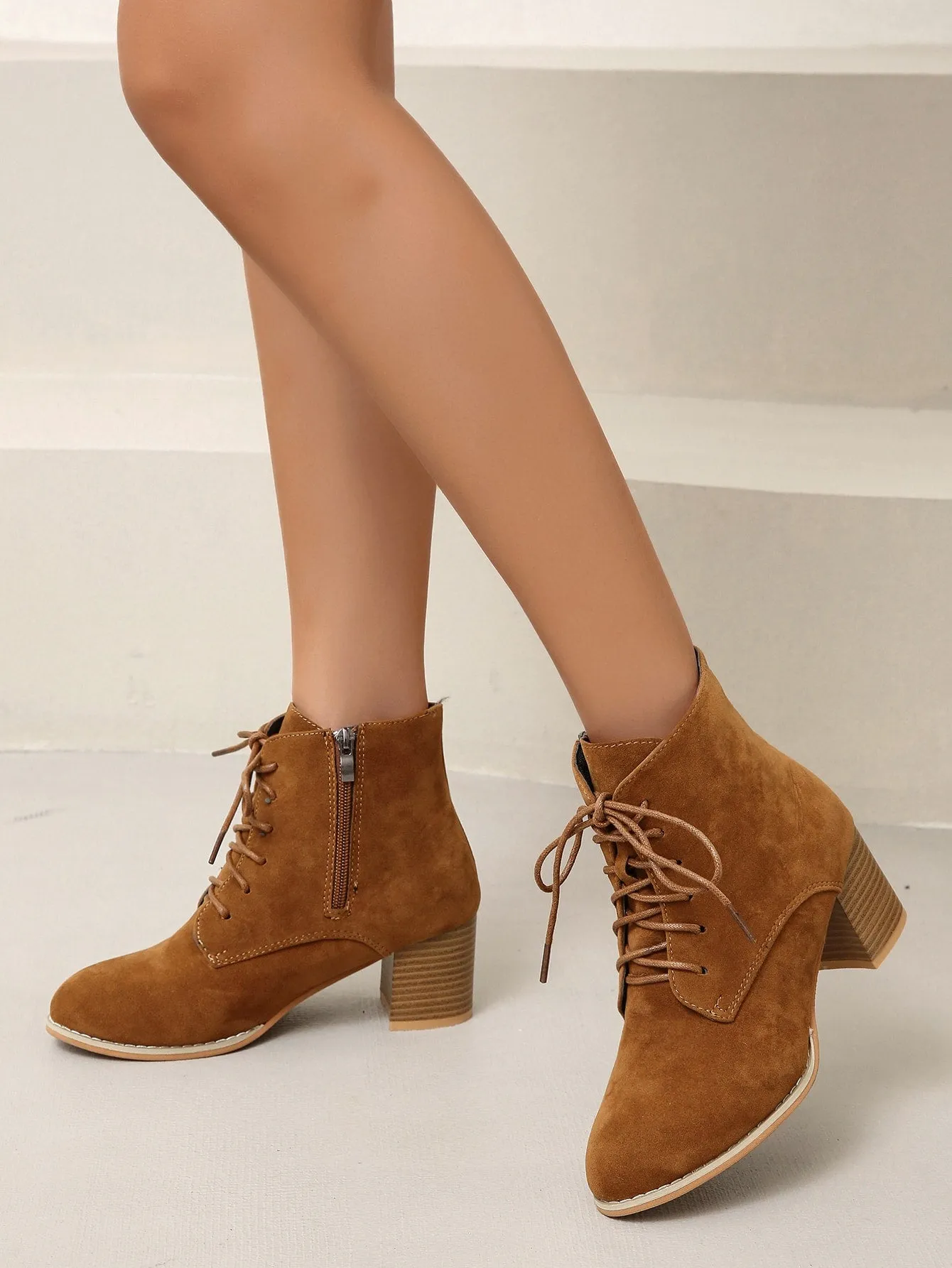 Lace-up Front Side Zipper Chunky Heeled Boots