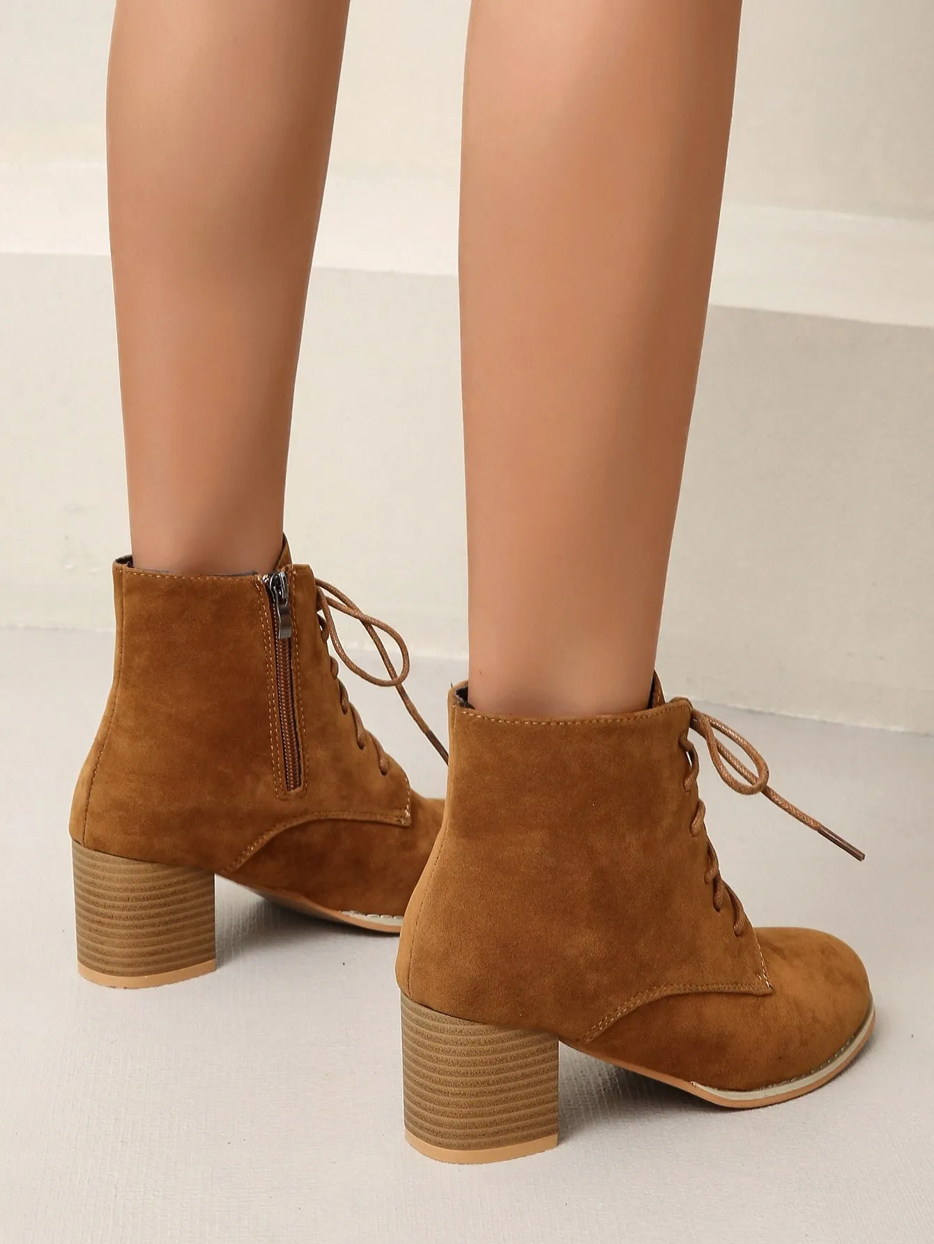 Lace-up Front Side Zipper Chunky Heeled Boots