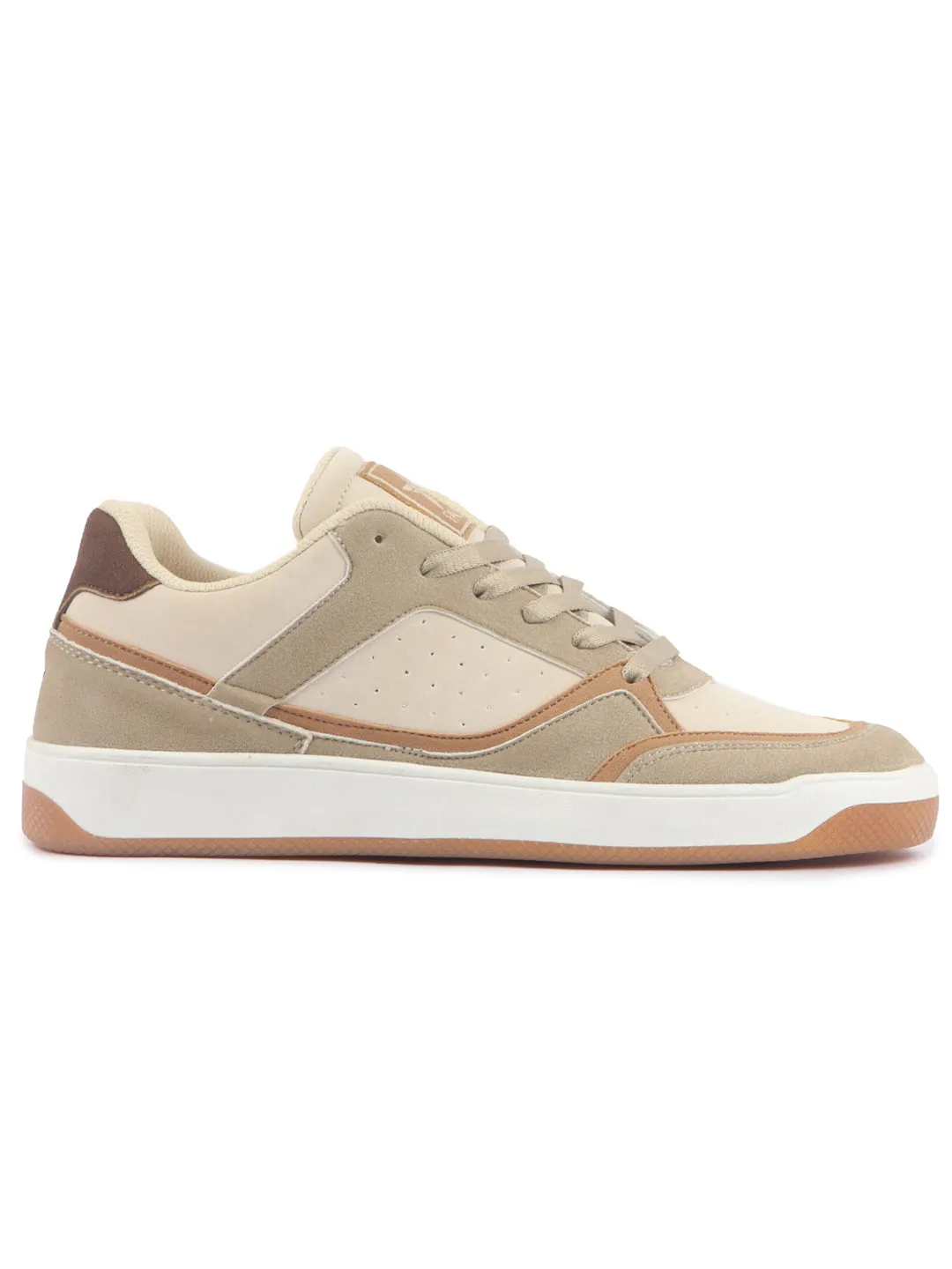 Men Beige Colorblocked Low Ankle Contrast Sole Lace Up Sneakers|Classic Combine Style Sneaker Shoes|Lace Up Casual Shoes