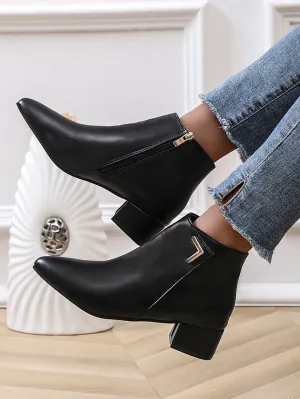 Metal Decor Point Toe Chunky Heeled Classic Boots