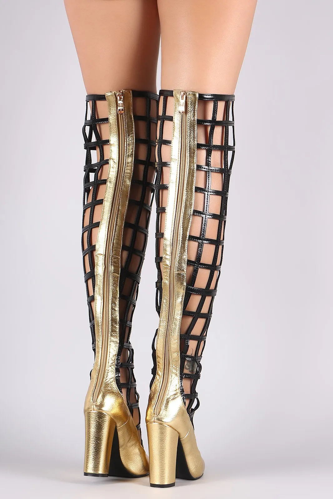 Metallic Caged Chunky Heeled Over-The-Knee Boots