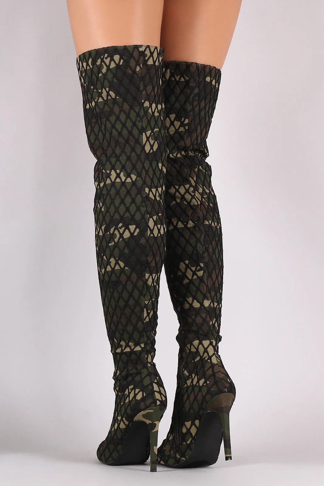 Netted Camouflage Stiletto Heeled Over-The-Knee Boots