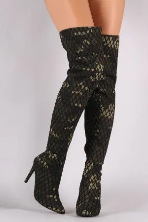 Netted Camouflage Stiletto Heeled Over-The-Knee Boots