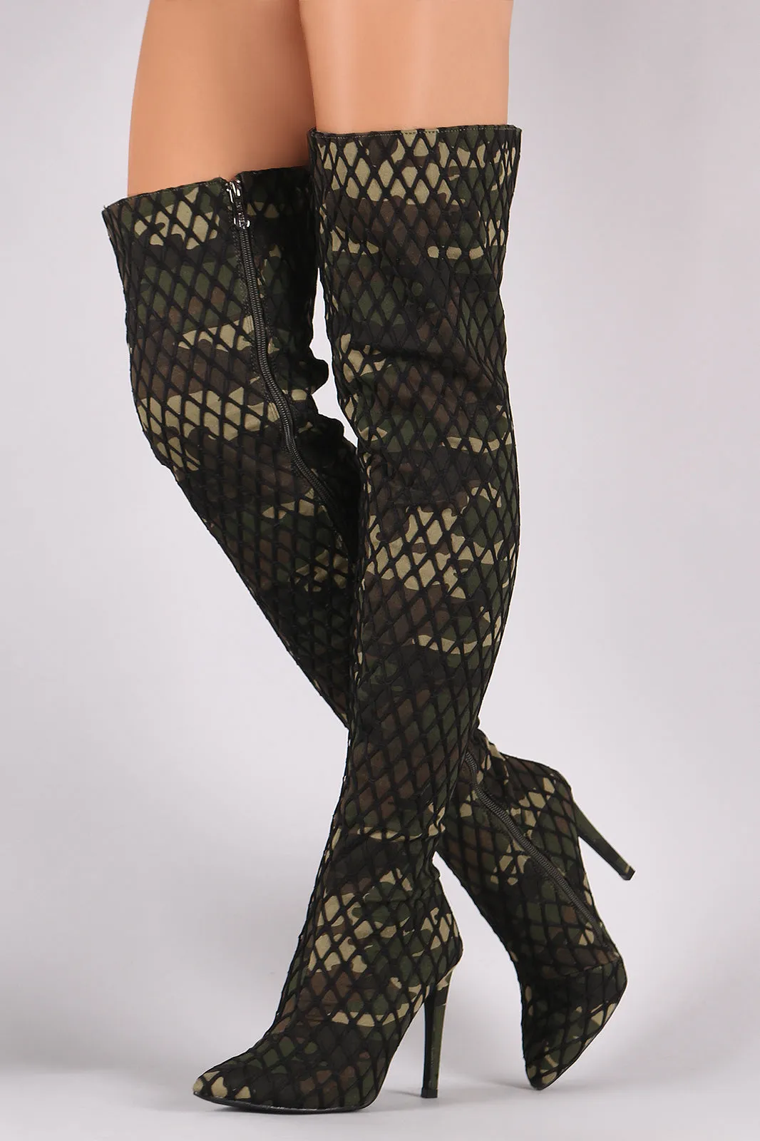 Netted Camouflage Stiletto Heeled Over-The-Knee Boots