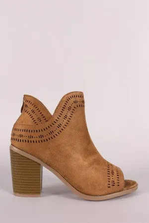 Perforated Vegan Suede Peep Toe Chunky Heeled Booties