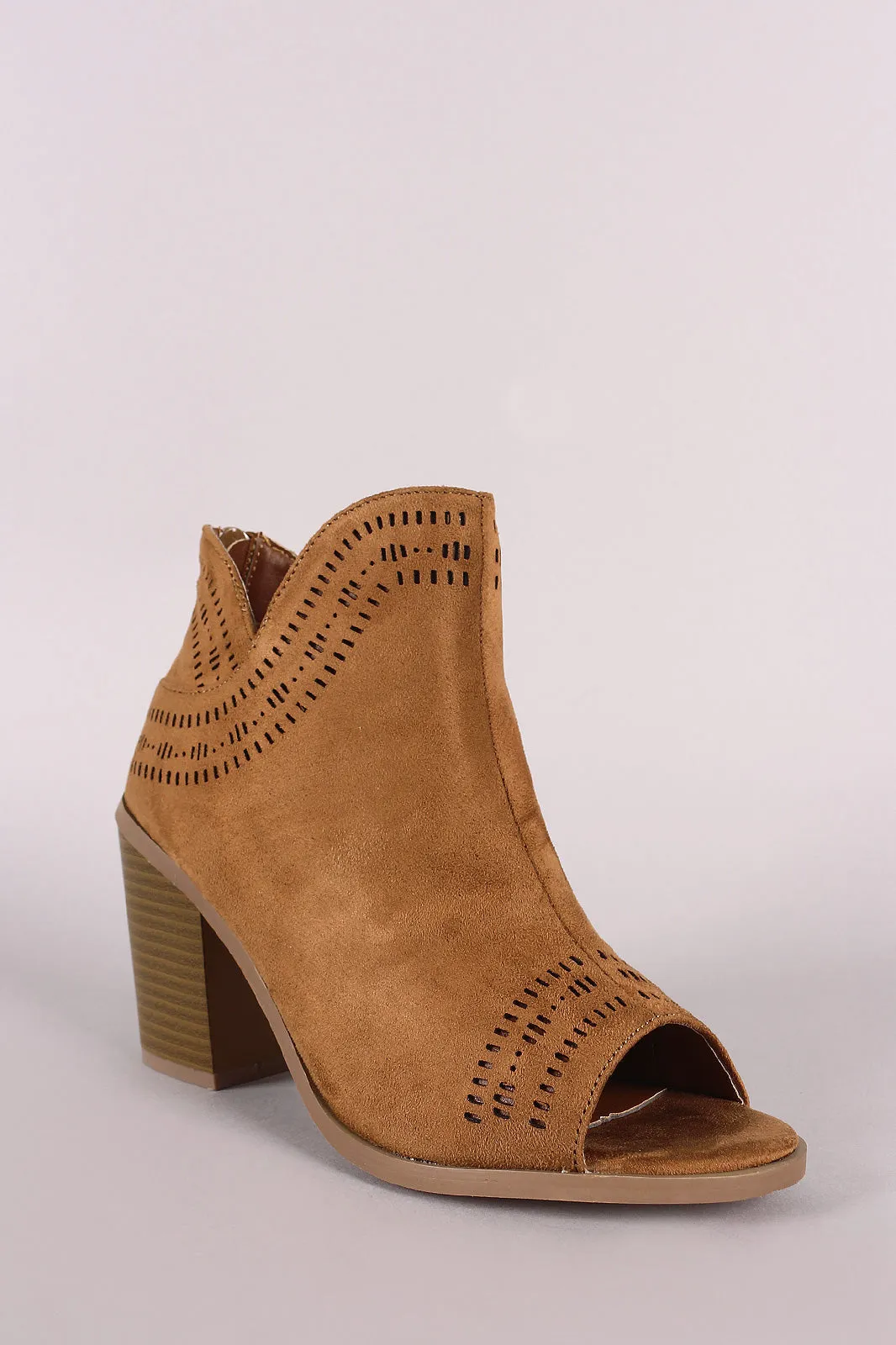 Perforated Vegan Suede Peep Toe Chunky Heeled Booties