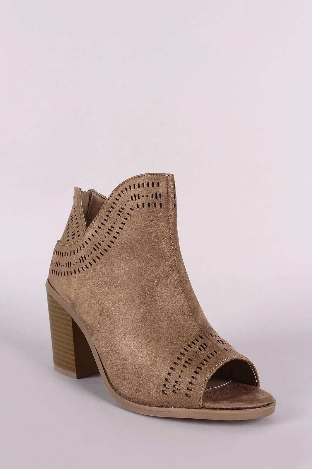 Perforated Vegan Suede Peep Toe Chunky Heeled Booties