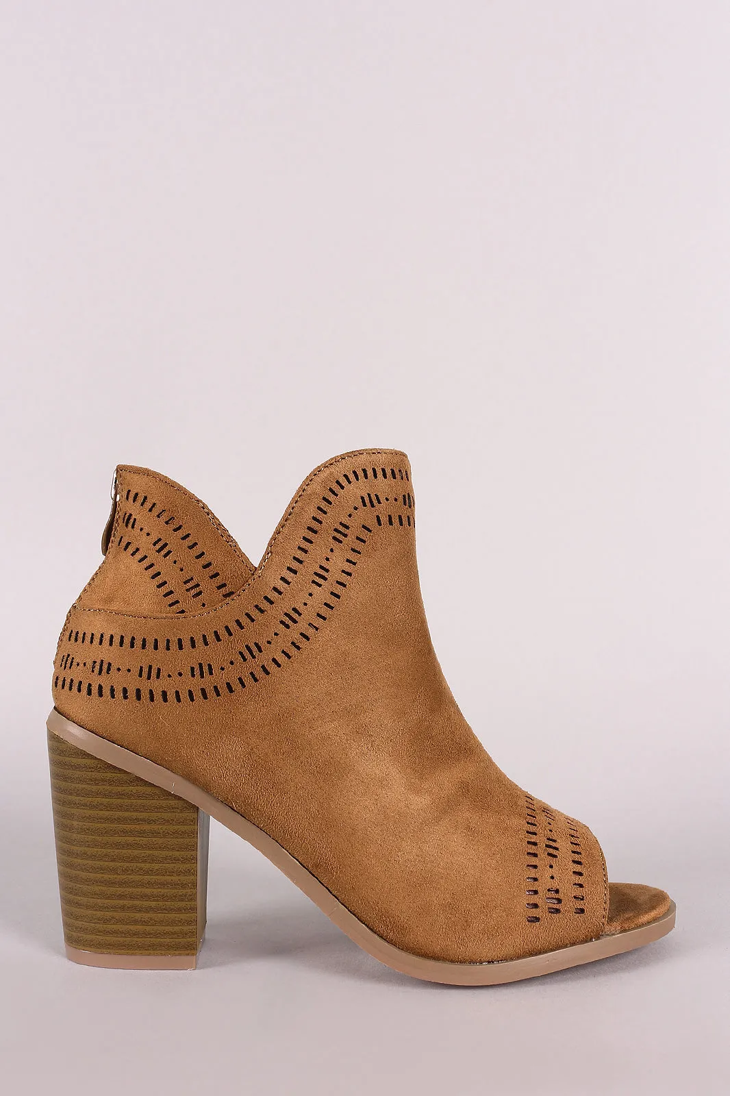 Perforated Vegan Suede Peep Toe Chunky Heeled Booties