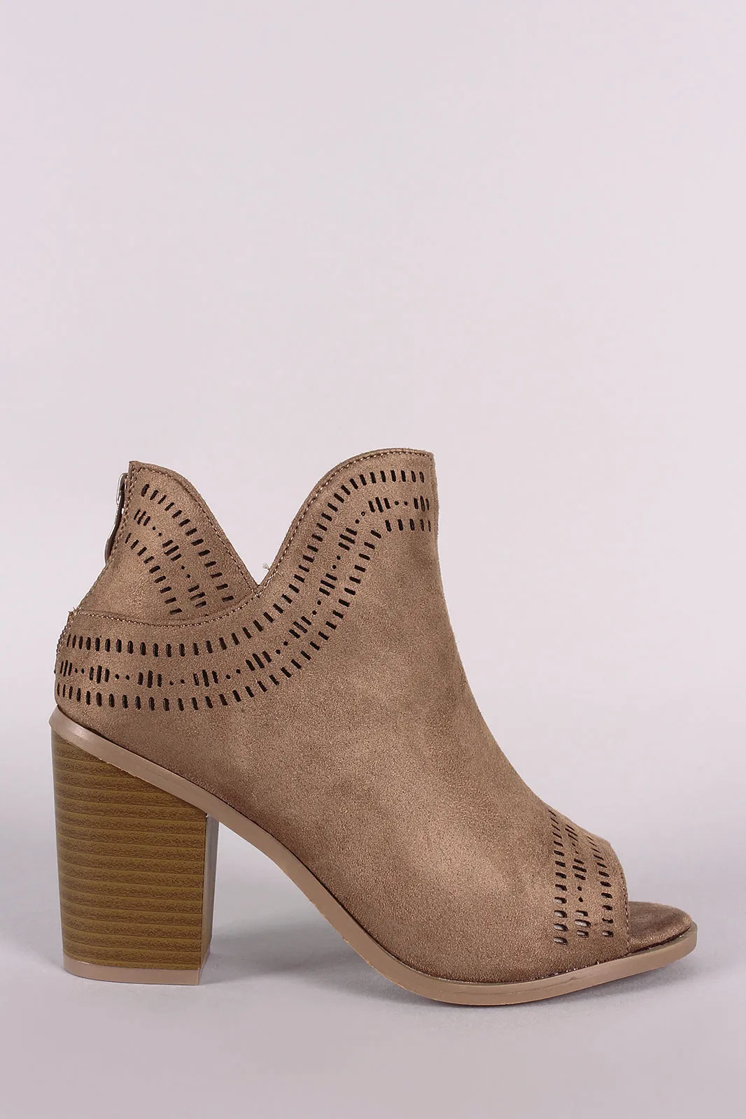 Perforated Vegan Suede Peep Toe Chunky Heeled Booties