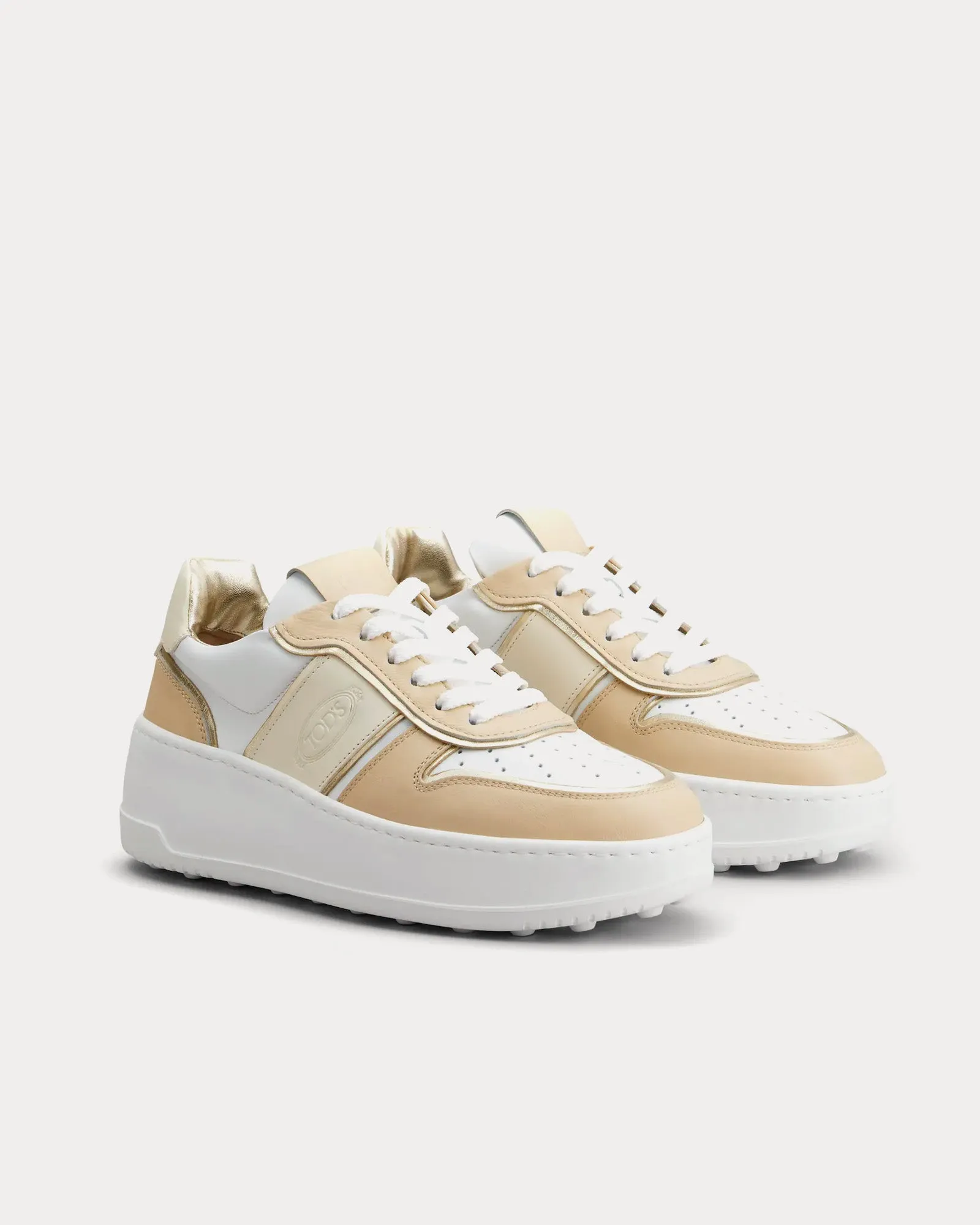 Platform Leather Beige / White / Gold Low Top Sneakers