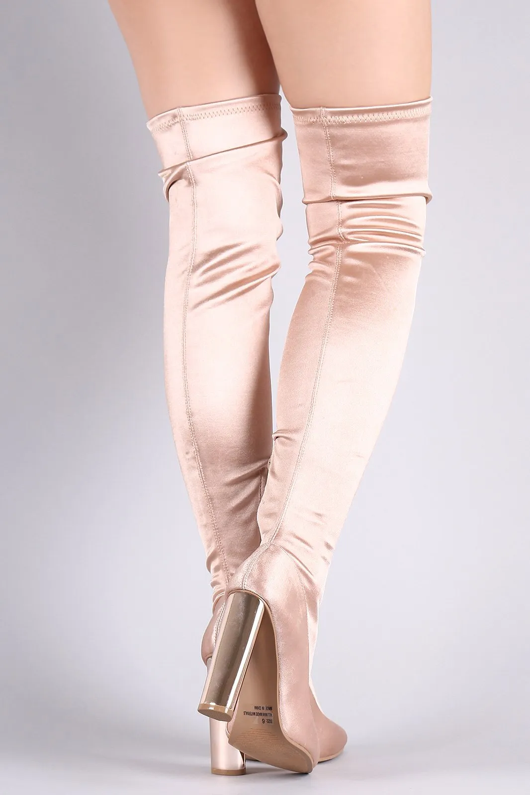 Qupid Elastane Pointy Toe Chunky Metallic Heeled OTK Boots