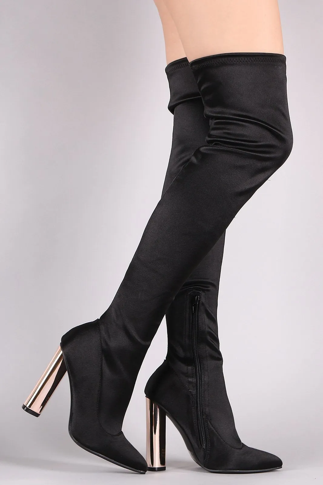Qupid Elastane Pointy Toe Chunky Metallic Heeled OTK Boots