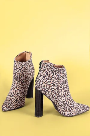 Qupid Leopard Pointy Toe Chunky Heeled Ankle Boots