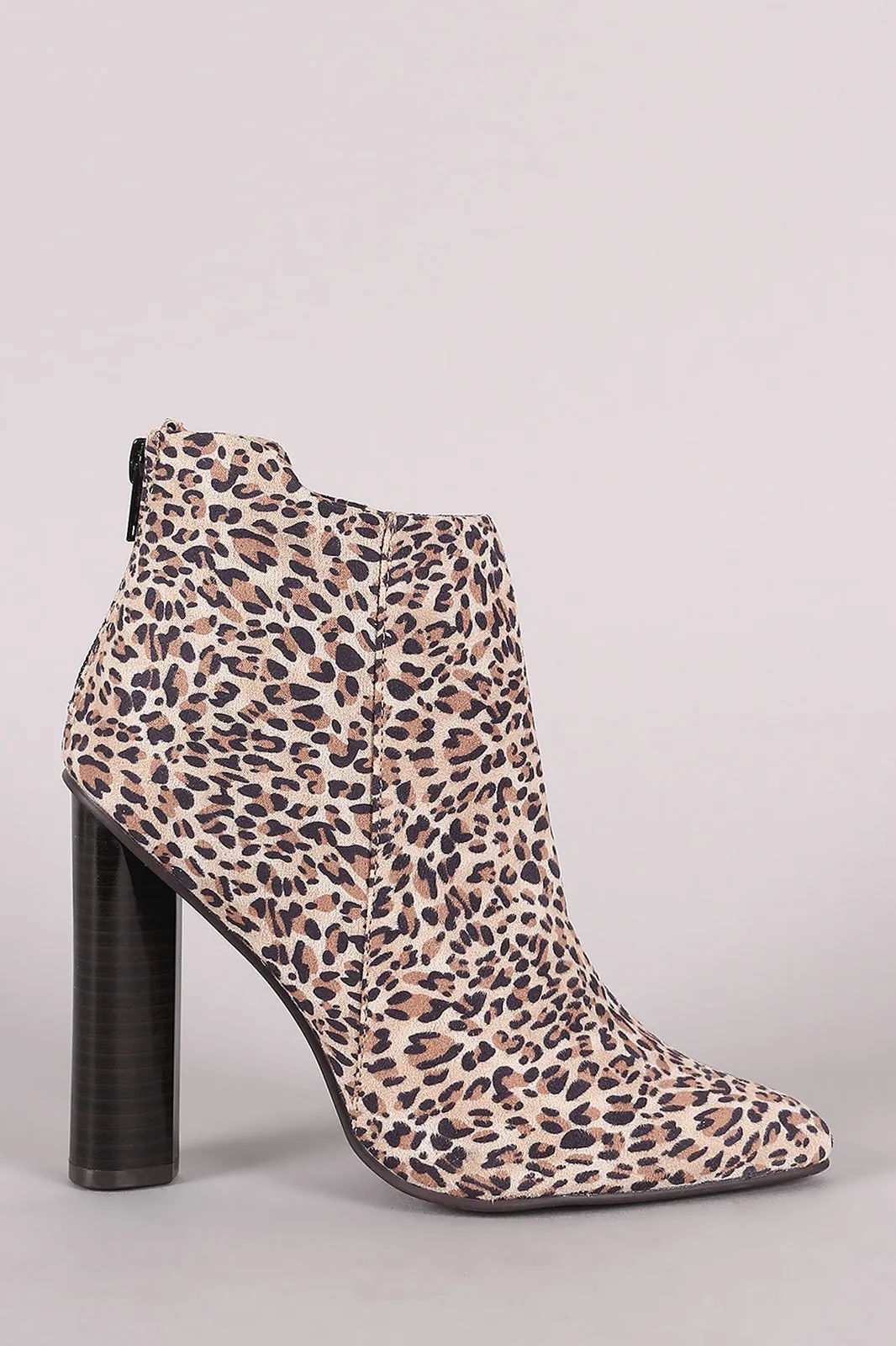Qupid Leopard Pointy Toe Chunky Heeled Ankle Boots