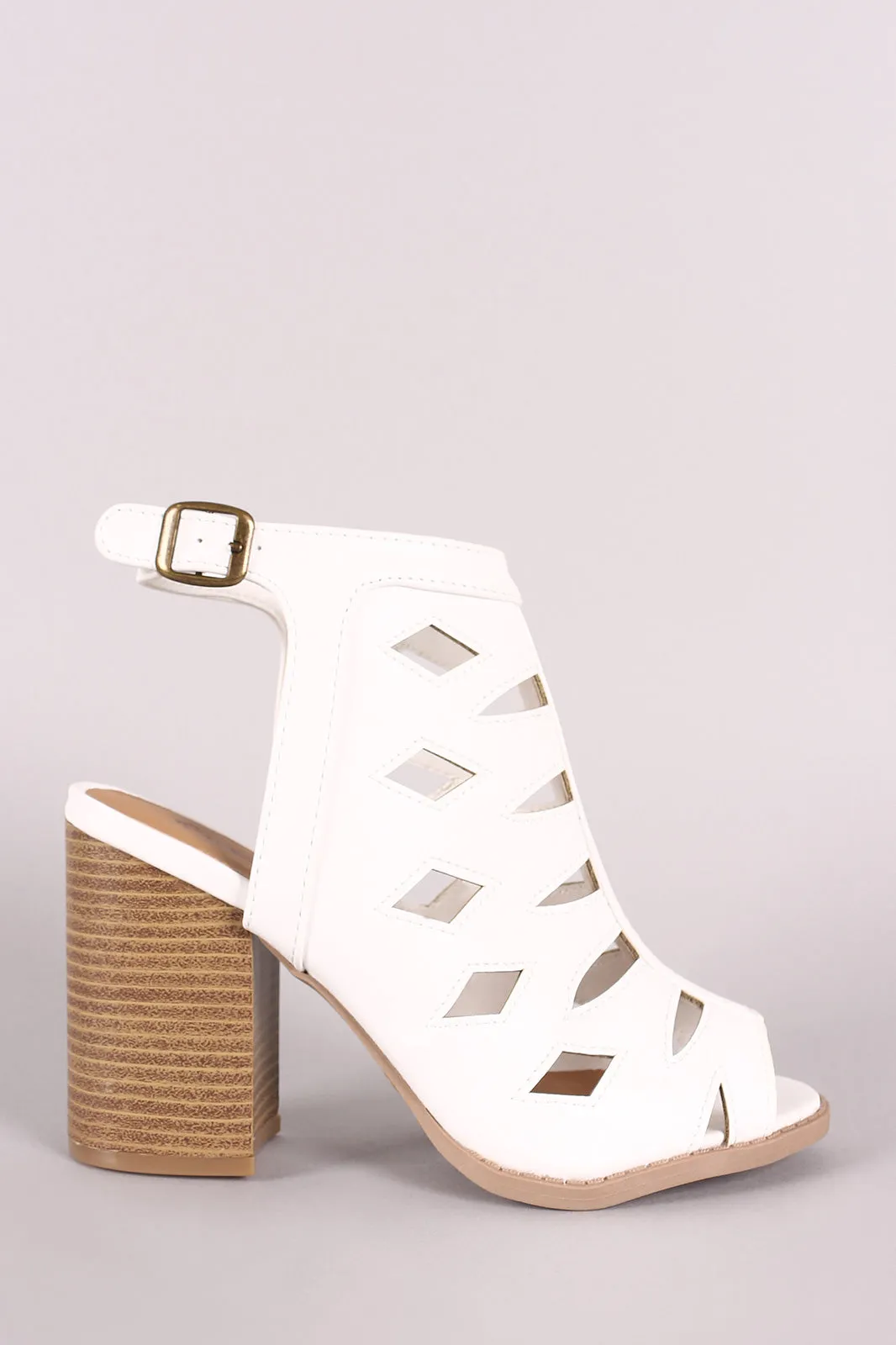 Qupid Peep Toe Geo Cutout Chunky Heeled Booties