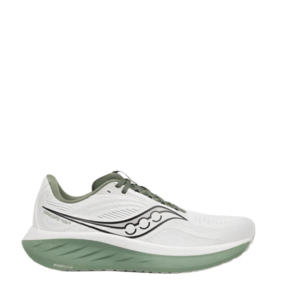 Saucony Men's Ride 18 Running Shoes in White/Olivine SS25